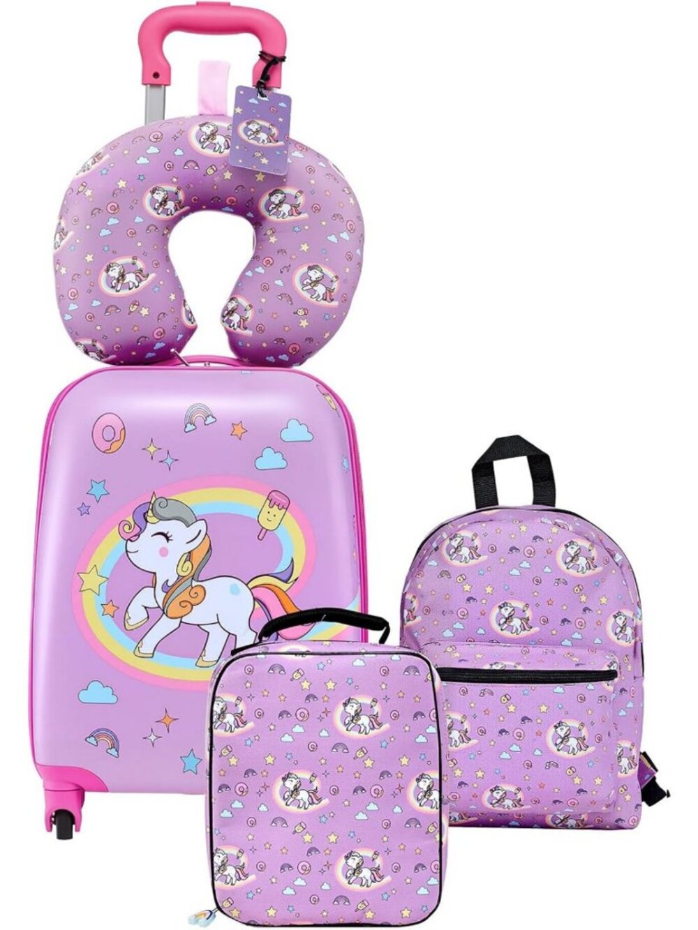 5-Piece Kids Luggage Set - 18" Hardside Suitcase, Backpack & Pillow, Unicorn